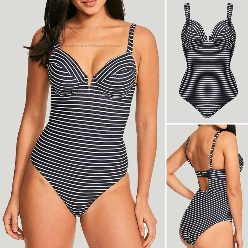 Fig Leaves CastAway V neck plunge one piece navy striped swimsuit size 34E